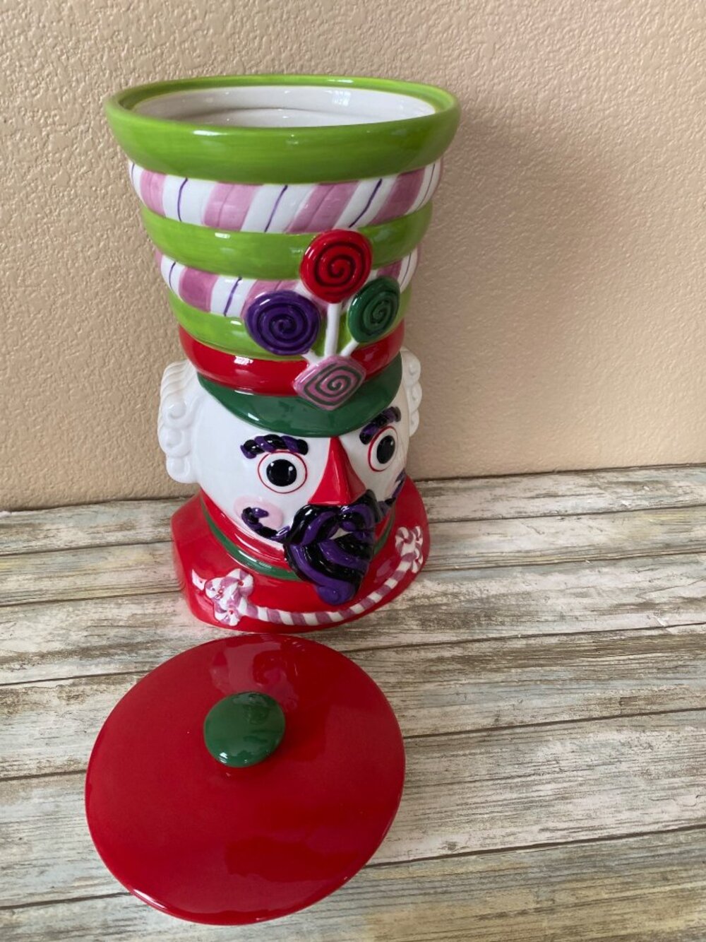 One Hundred 80 Degrees Candy Theme Nutcracker Cookie Jar Ceramic Christmas 12" - Picture 2 of 12